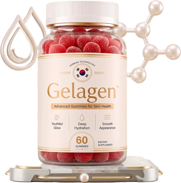Gelagen Advanced Gummies for Skin Health bottle with red gummies on a white marble pedestal