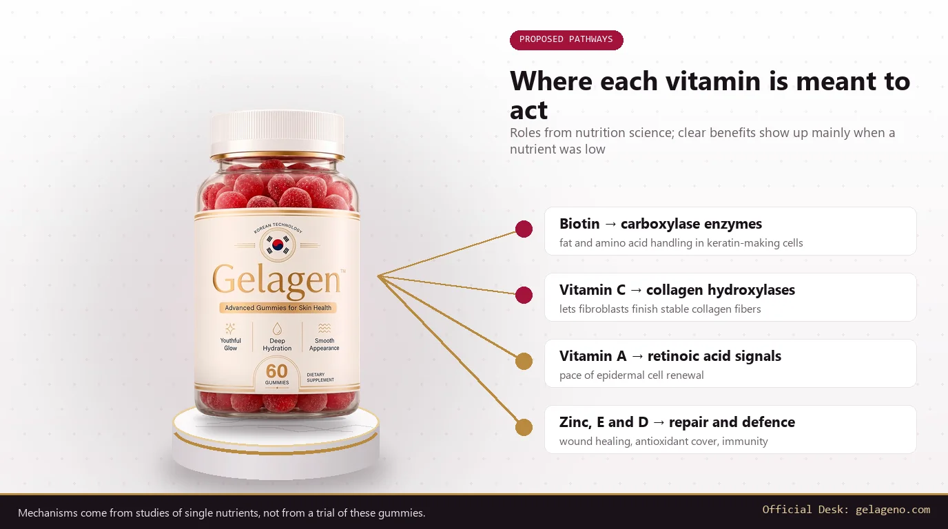 Gelagen bottle on a marble plinth with four pathway cards for biotin, vitamin C, vitamin A and zinc, E and D